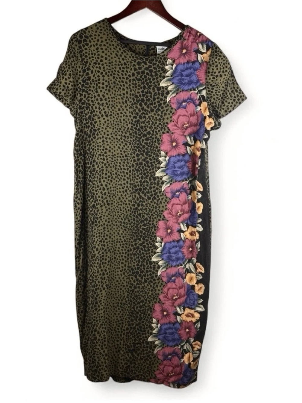 Vintage Sunshine Starshine Dress Green Animal Print Leopard Floral Midi 16 L XL